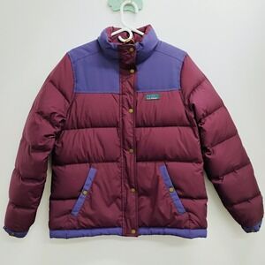 LL Bean Mens M Reg Colorblock Down Insulated Puffer Jacket Burgundy Blue